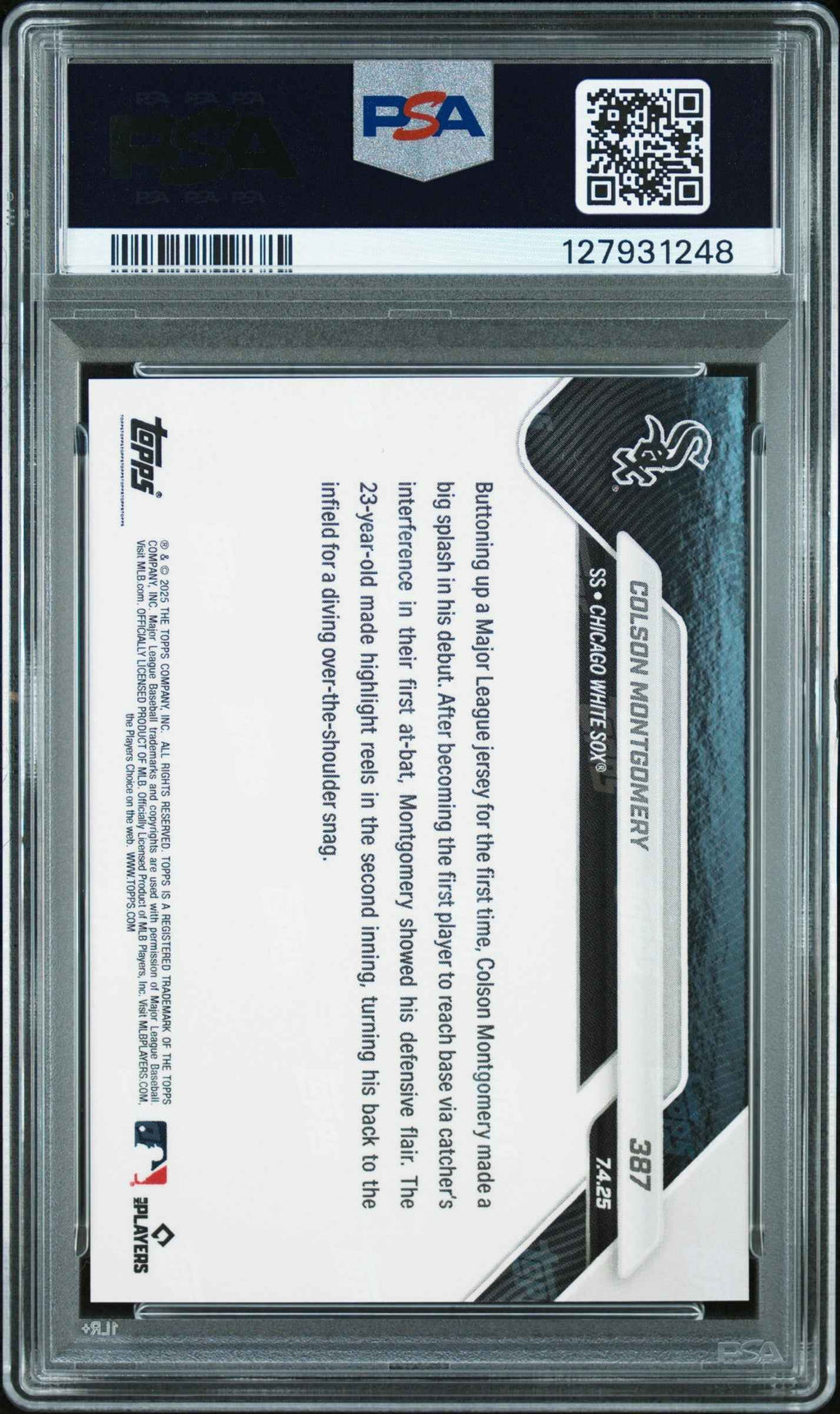 Graded 2025 Topps Now Colson Montgomery #387 Rookie RC Baseball Card PSA 8 Near Mint