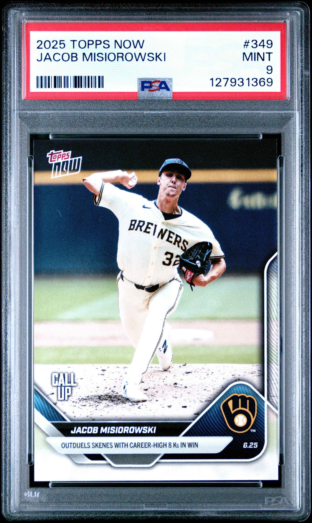 Graded 2025 Topps Now Jacob Misiorowski #349 Rookie RC Baseball Card PSA 9 Mint