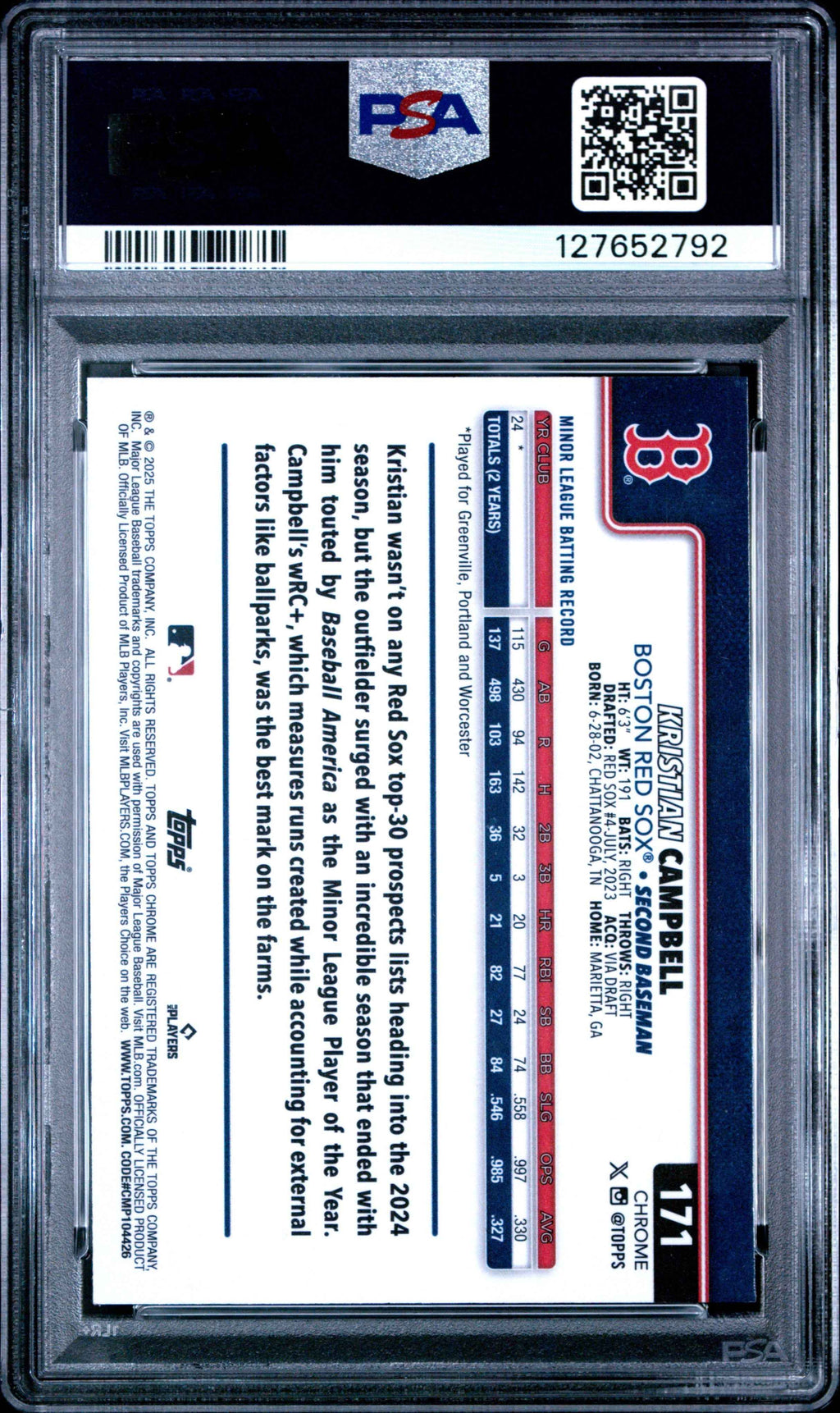 Graded 2025 Topps Chrome Kristian Campbell #171 Rookie RC Baseball Card PSA 5 Excellent