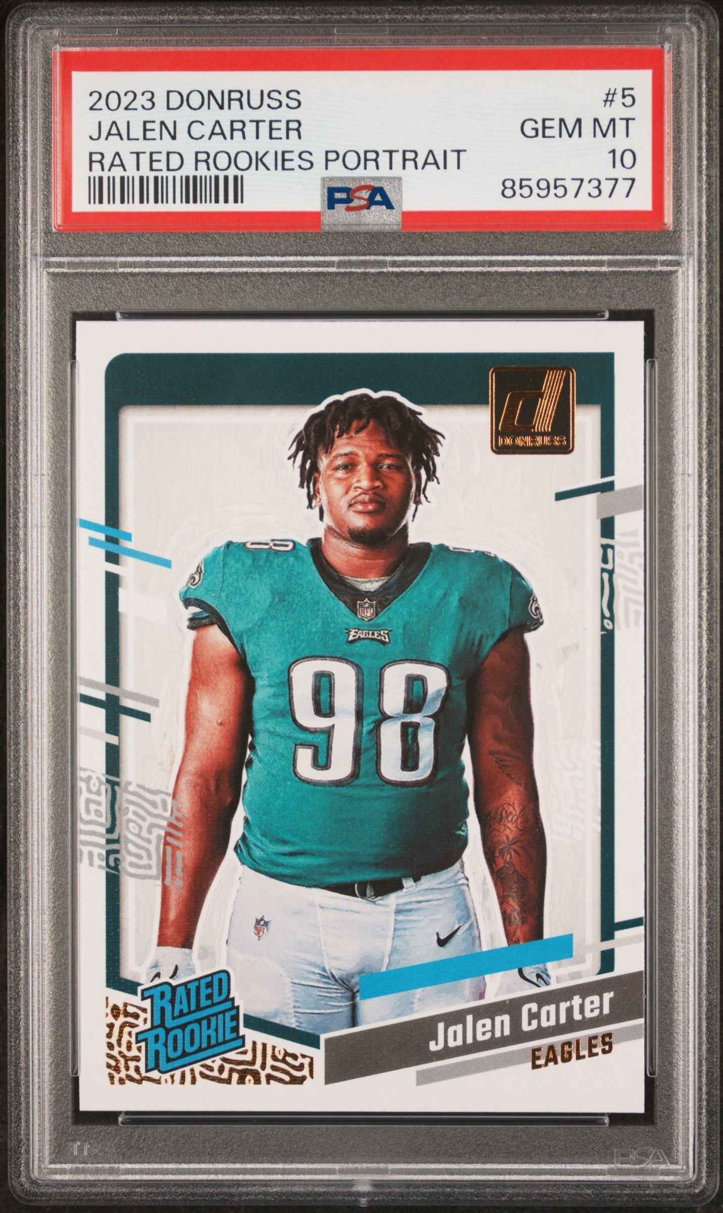 Graded 2023 Panini Donruss Jalen Carter #5 Rated Rookies Portrait Rookie RC Football Card PSA 10 Gem Mint