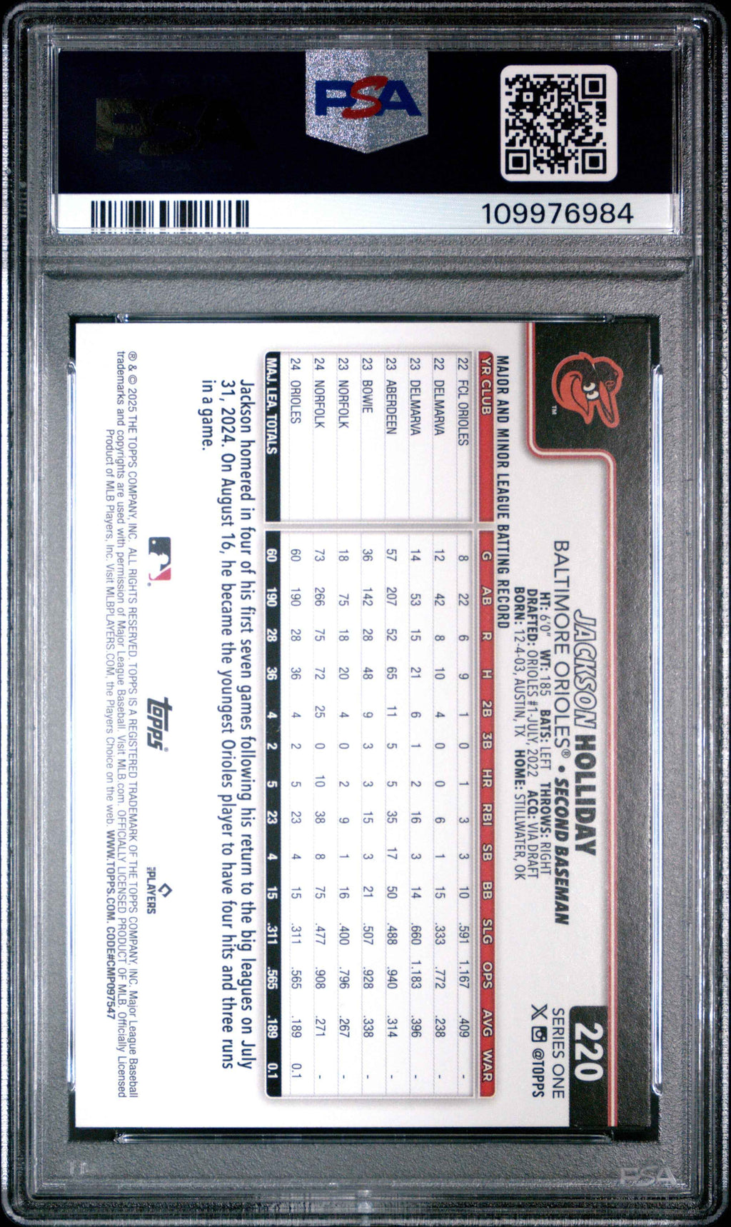 Graded 2025 Topps Jackson Holliday #220 Future Stars Baseball Card PSA 9 Mint