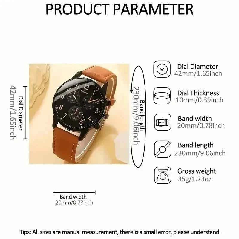 4-Pieces: Men's Fashion Brown Faux Leather Quartz Watch & Bracelet Set