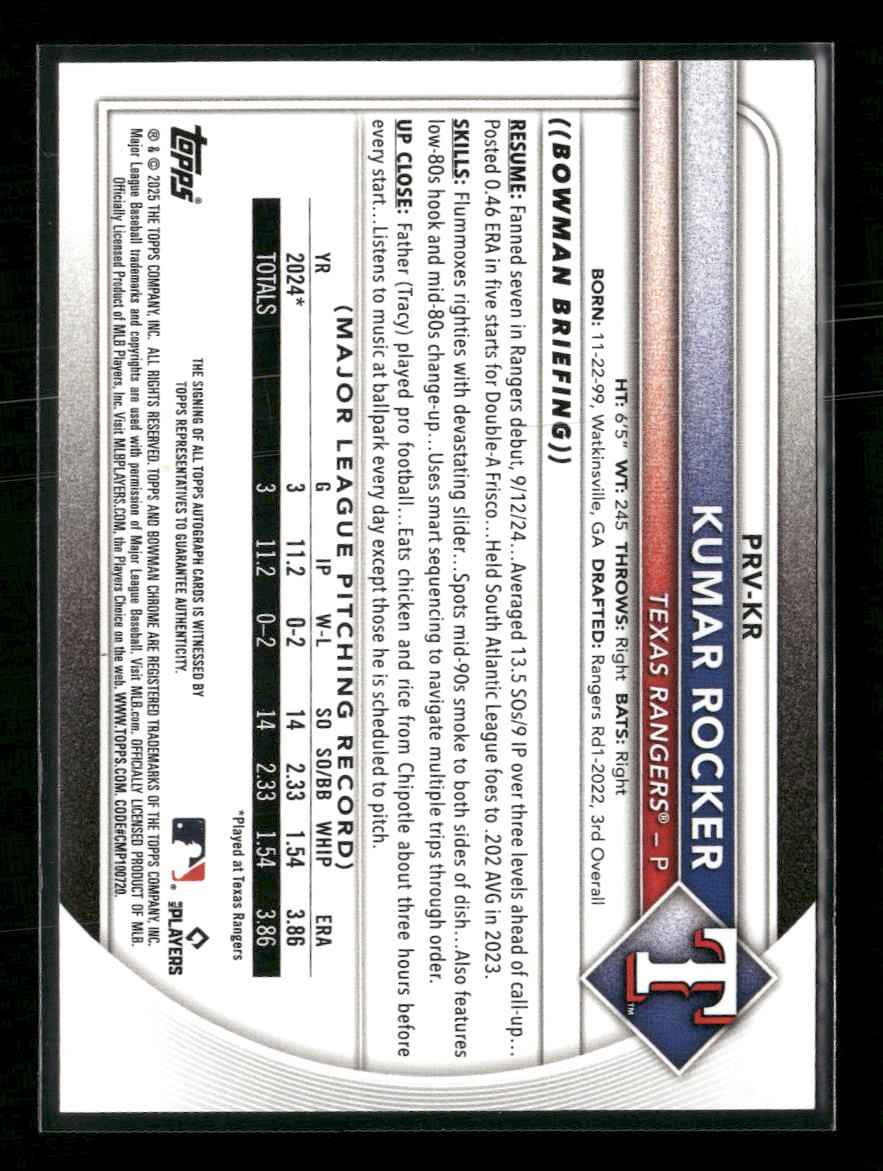 2025 Bowman Rookies and Veterans Autographs Blue Kumar Rocker #/150 Auto #PRV-KR