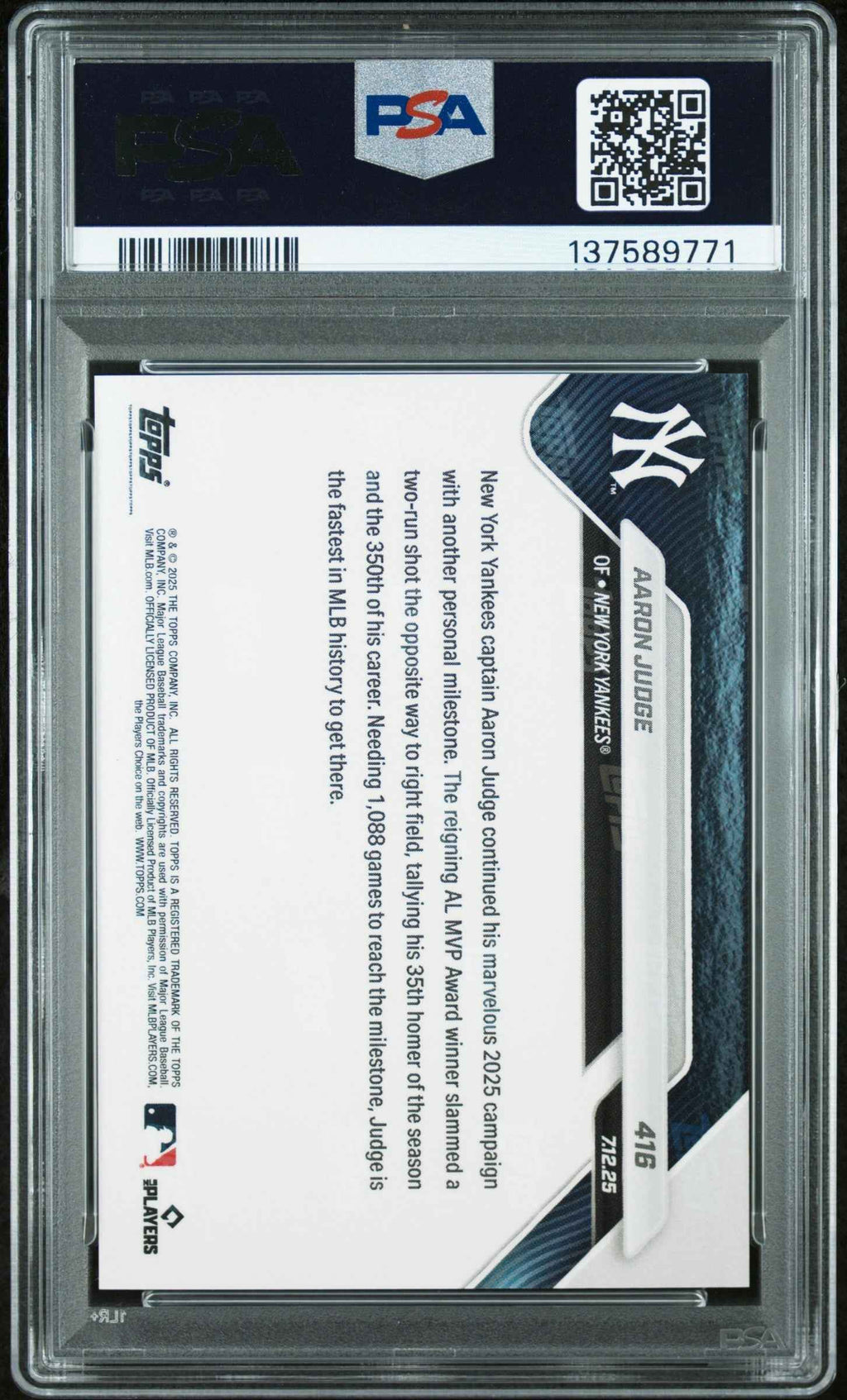 Graded 2025 Topps Now Aaron Judge #416 Baseball Card PSA 10 Gem Mint