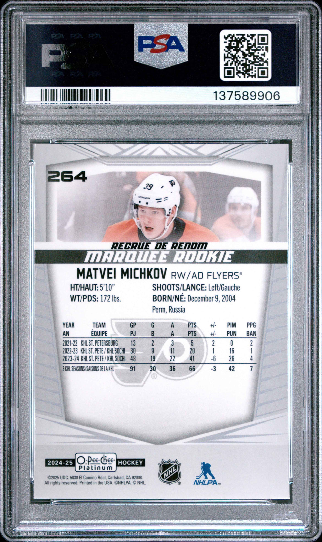 Graded 2024 O-Pee-Chee Platinum Matvei Michkov #264 Rookie RC Hockey Card PSA 9 Mint