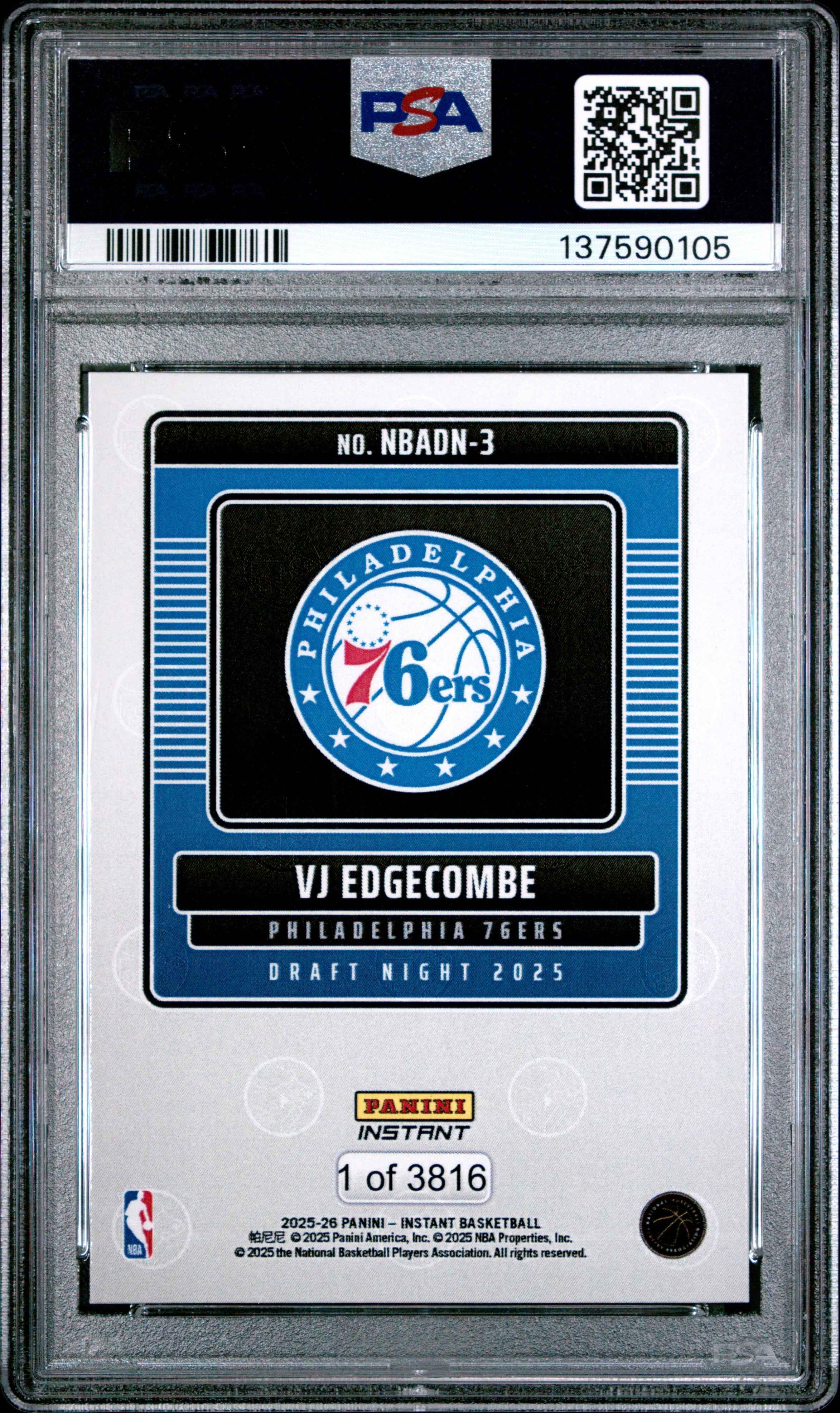 Graded 2025 Panini Instant VJ Edgecombe #3 Draft Night Rookie RC Basketball Card PSA 8 Near Mint