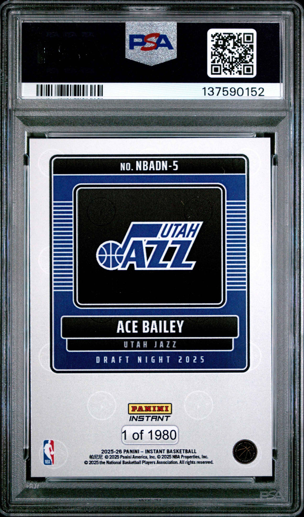 Graded 2025 Panini Instant Ace Bailey #5 Draft Night Rookie RC Basketball Card PSA 10 Gem Mint