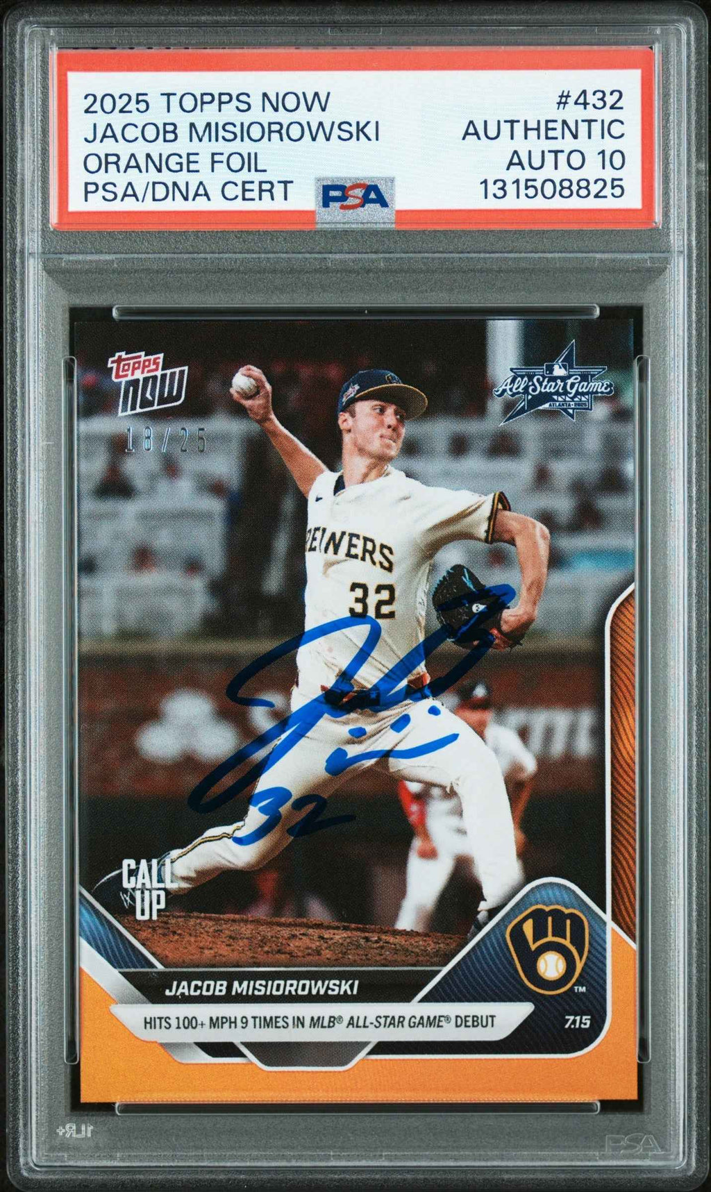 Graded 2025 Topps Now Jacob Misiorowski #432 Orange Foil /25 Rookie RC Baseball Card PSA 10 Auto Grade Gem Mint