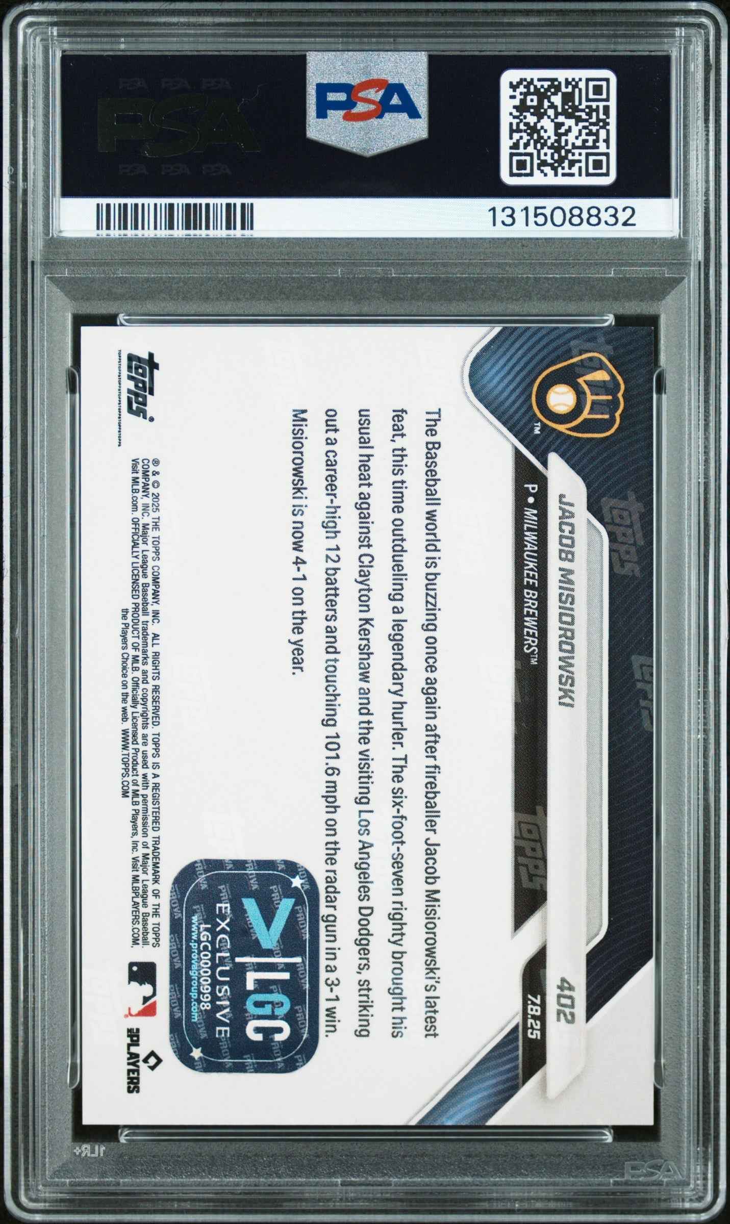 Graded 2025 Topps Now Jacob Misiorowski #402 Red Foil /5 Rookie RC Baseball Card PSA 9 Auto Grade Mint