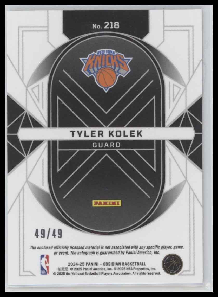 2024-25 Panini Obsidian Pink Flood Patch Auto Tyler Kolek Rookie #/49 #218