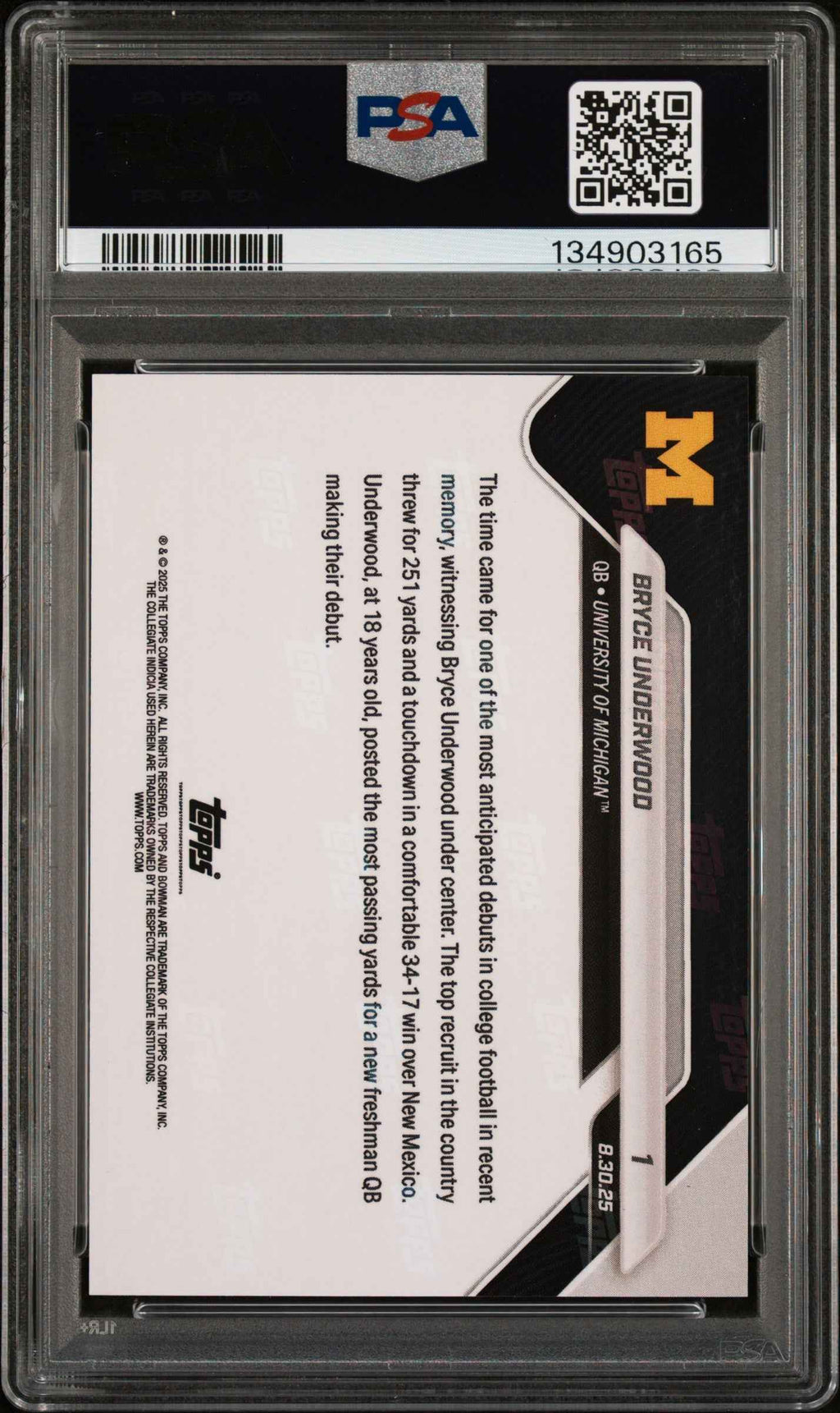 Graded 2025 Topps Bowman U Now Bryce Underwood #1 Orange Foil /25 Rookie RC Football Card PSA 10 Gem Mint