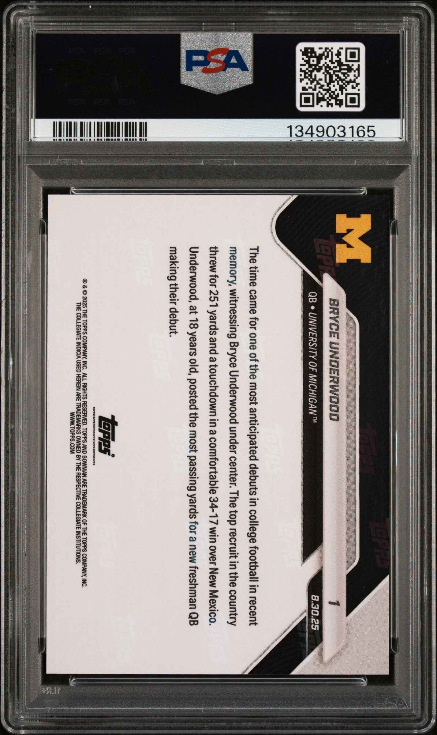 Graded 2025 Topps Bowman U Now Bryce Underwood #1 Orange Foil /25 Rookie RC Football Card PSA 10 Gem Mint