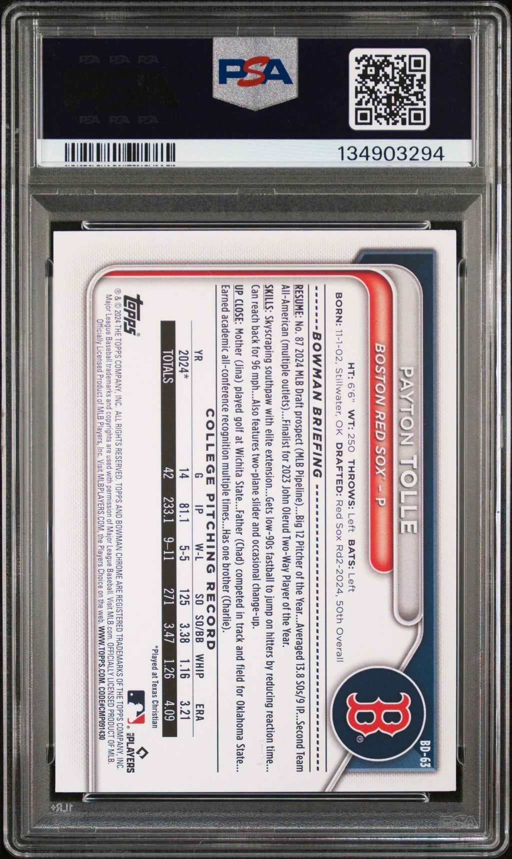 Graded 2024 Topps Bowman Draft Payton Tolle #BD63 Rookie RC Baseball Card PSA 10 Gem Mint