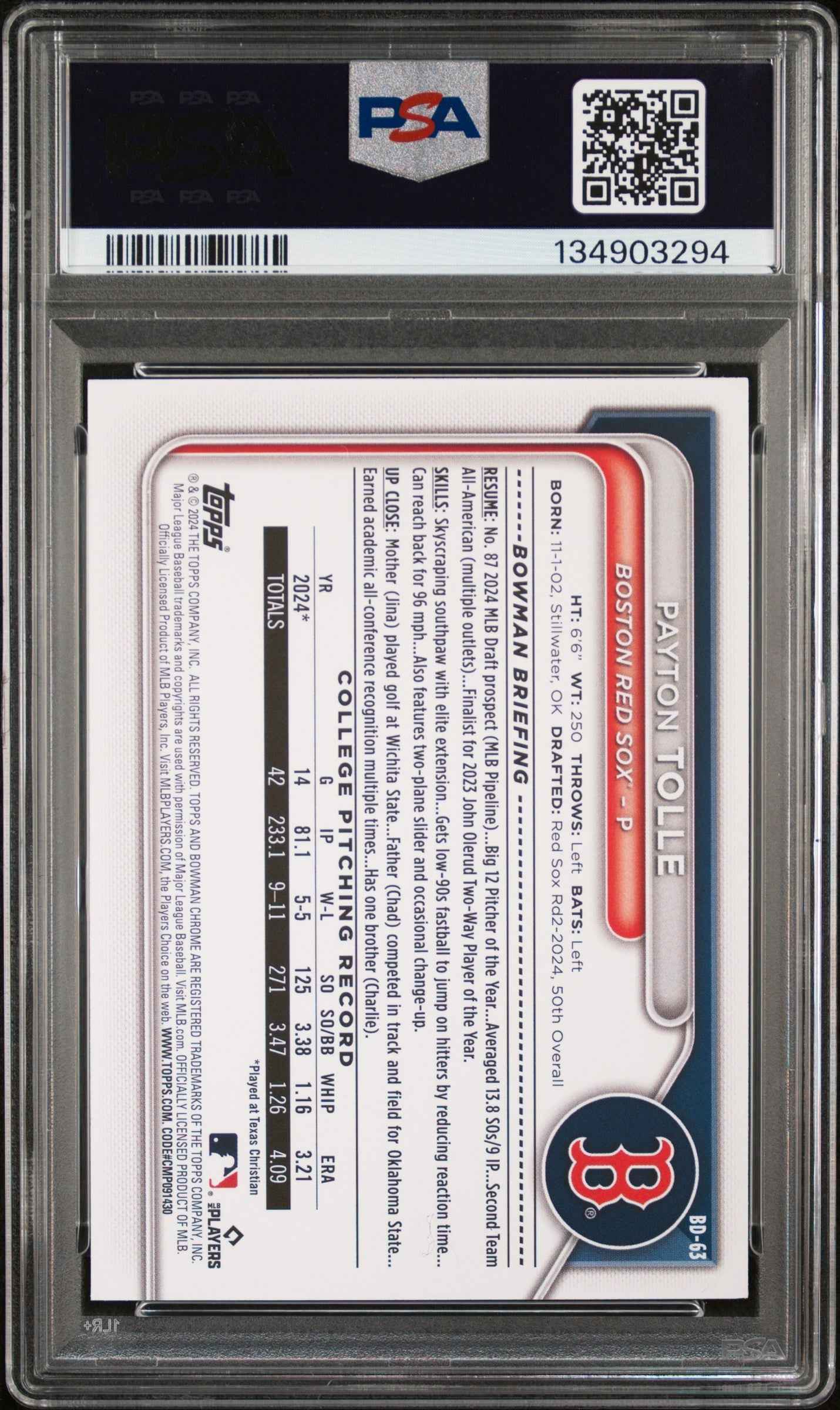 Graded 2024 Topps Bowman Draft Payton Tolle #BD63 Rookie RC Baseball Card PSA 10 Gem Mint