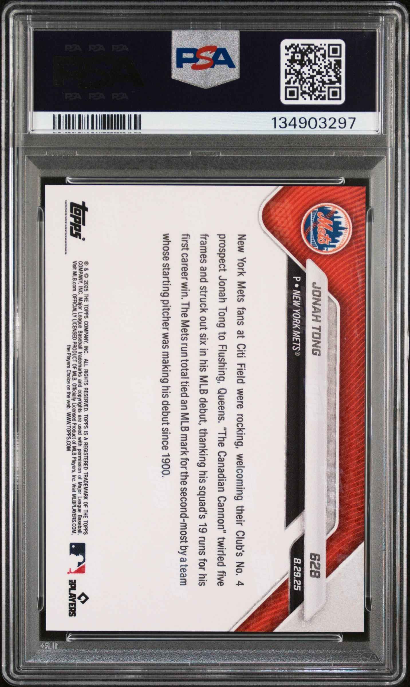 Graded 2025 Topps Now Jonah Tong #628 Rookie RC Baseball Card PSA 9 Mint