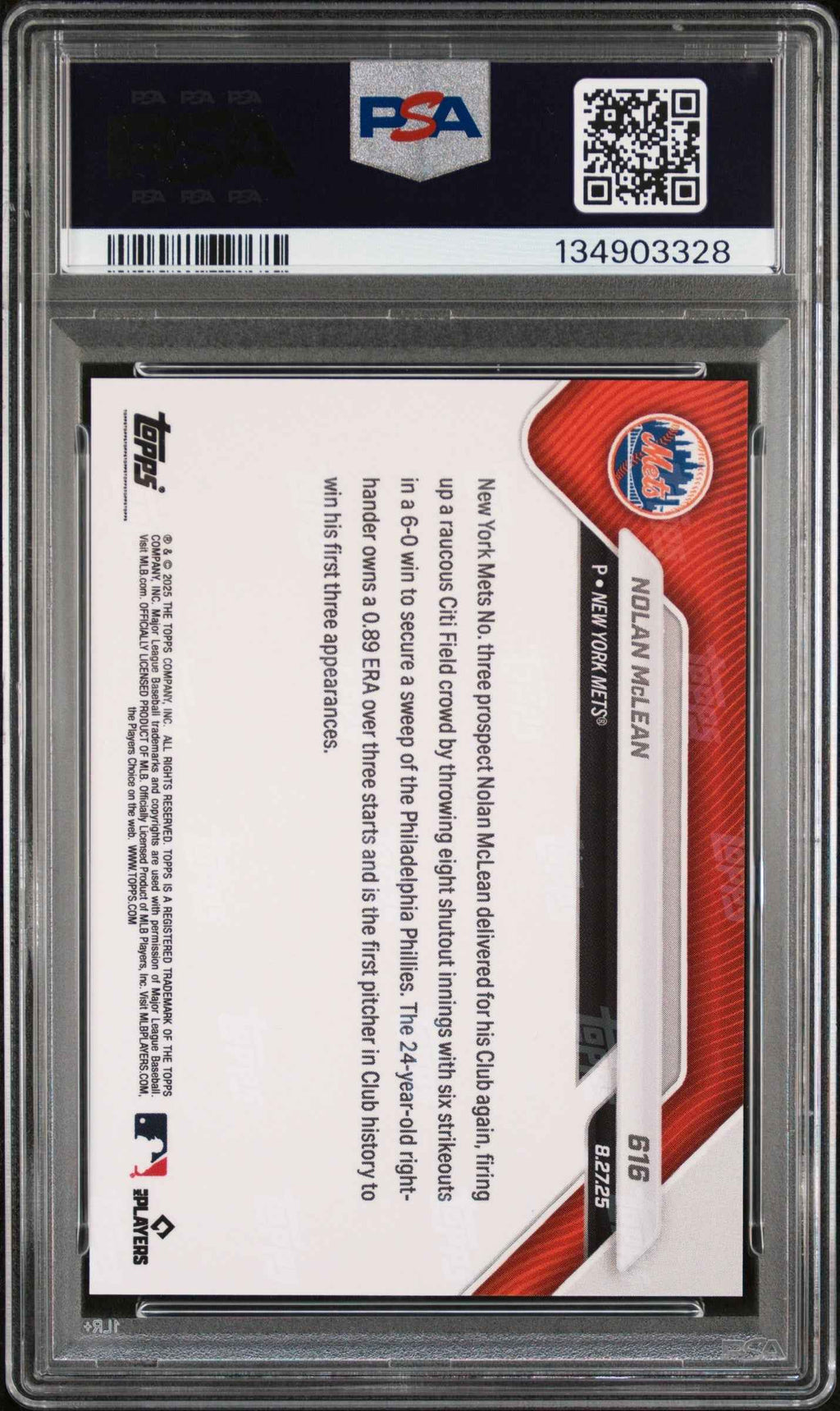 Graded 2025 Topps Now Nolan McLean #616 Rookie RC Baseball Card PSA 10 Gem Mint