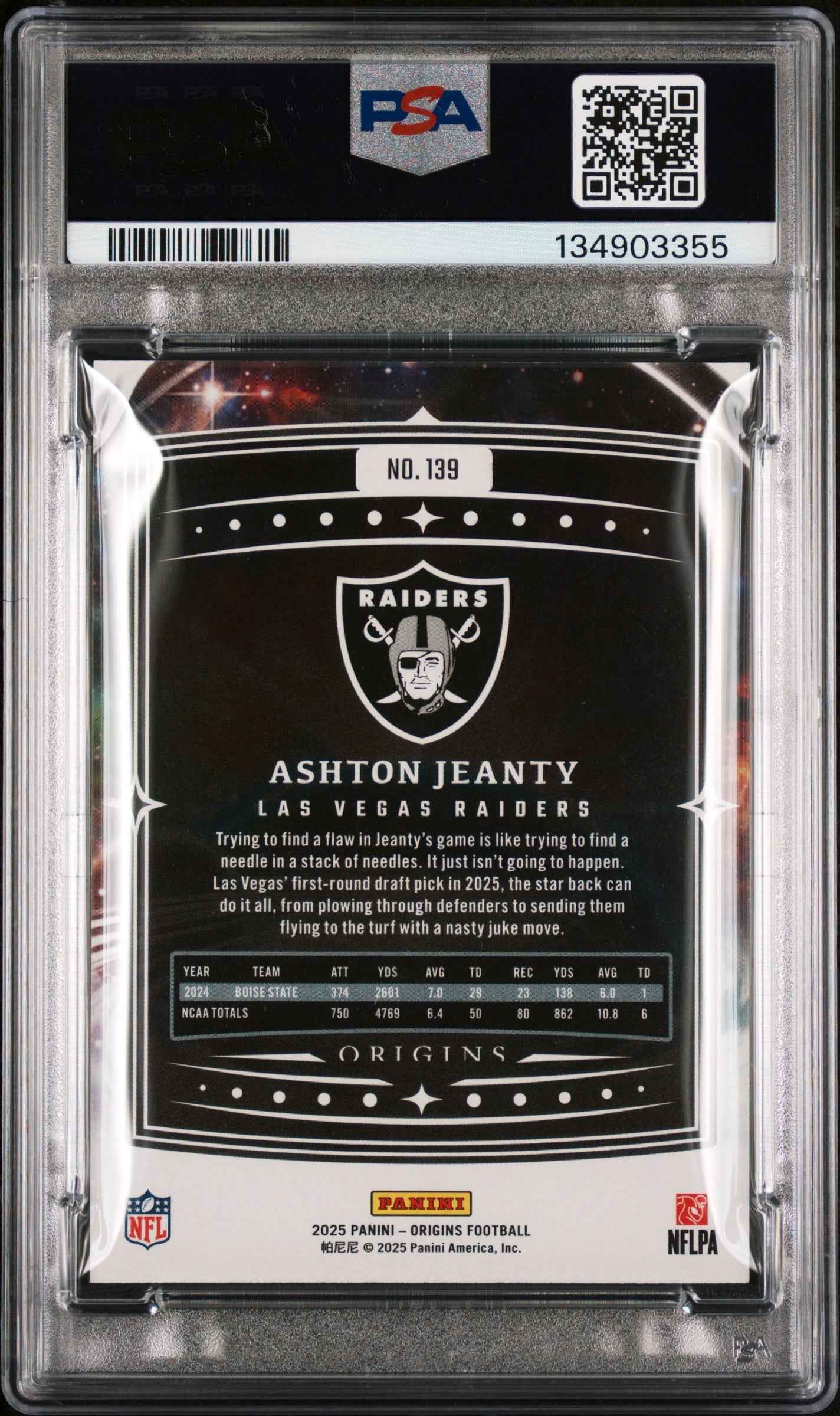 Graded 2025 Panini Origins Ashton Jeanty #139 Rookie RC Football Card PSA 10 Gem Mint