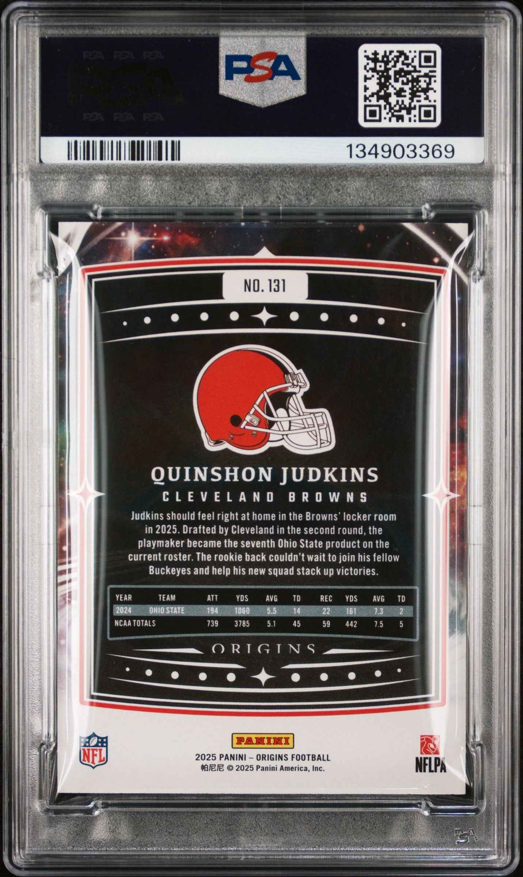 Graded 2025 Panini Origins Quinshon Judkins #131 Rookie RC Football Card PSA 7 Near Mint