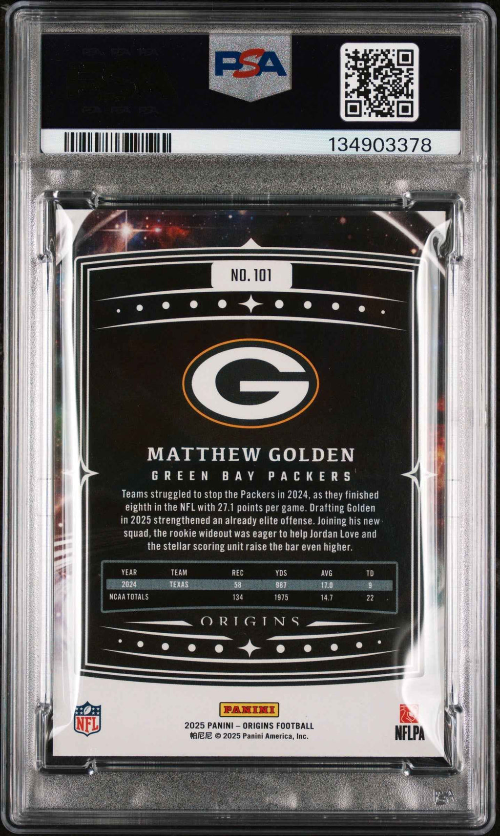 Graded 2025 Panini Origins Matthew Golden #101 Rookie RC Football Card PSA 9 Mint