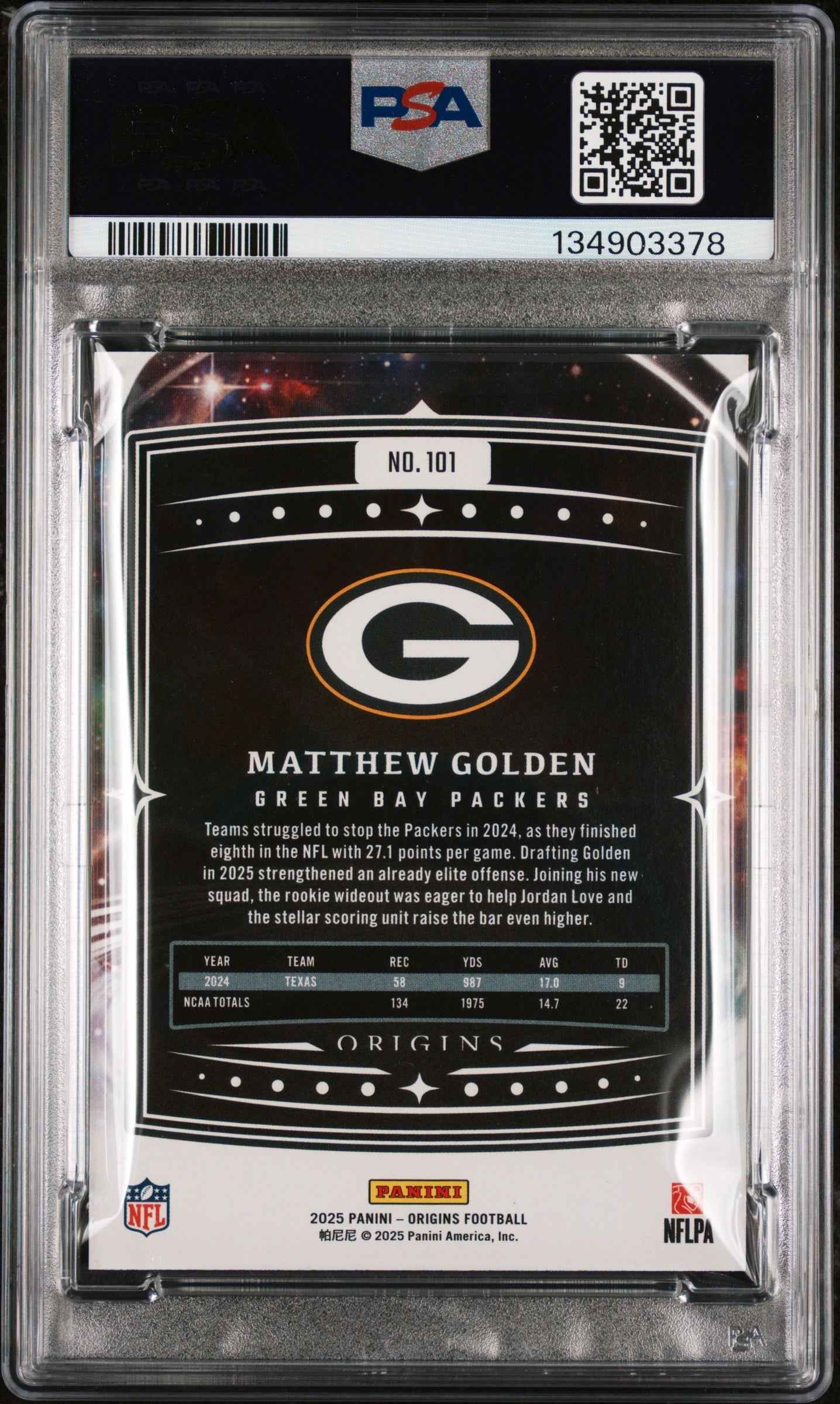 Graded 2025 Panini Origins Matthew Golden #101 Rookie RC Football Card PSA 9 Mint