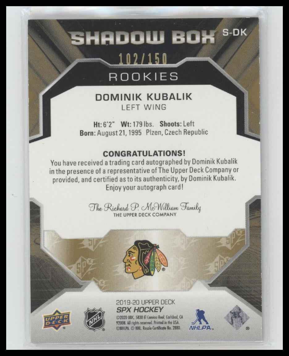 2019-20 SPx Shadow Box Rookies Autographs Dominik Kubalik #/150 Auto #S-DK