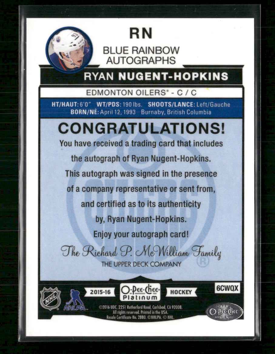 2015-16 O-Pee-Chee Platinum Blue-Rainbow-Autographs Ryan Nugent-Hopkins Auto #RN