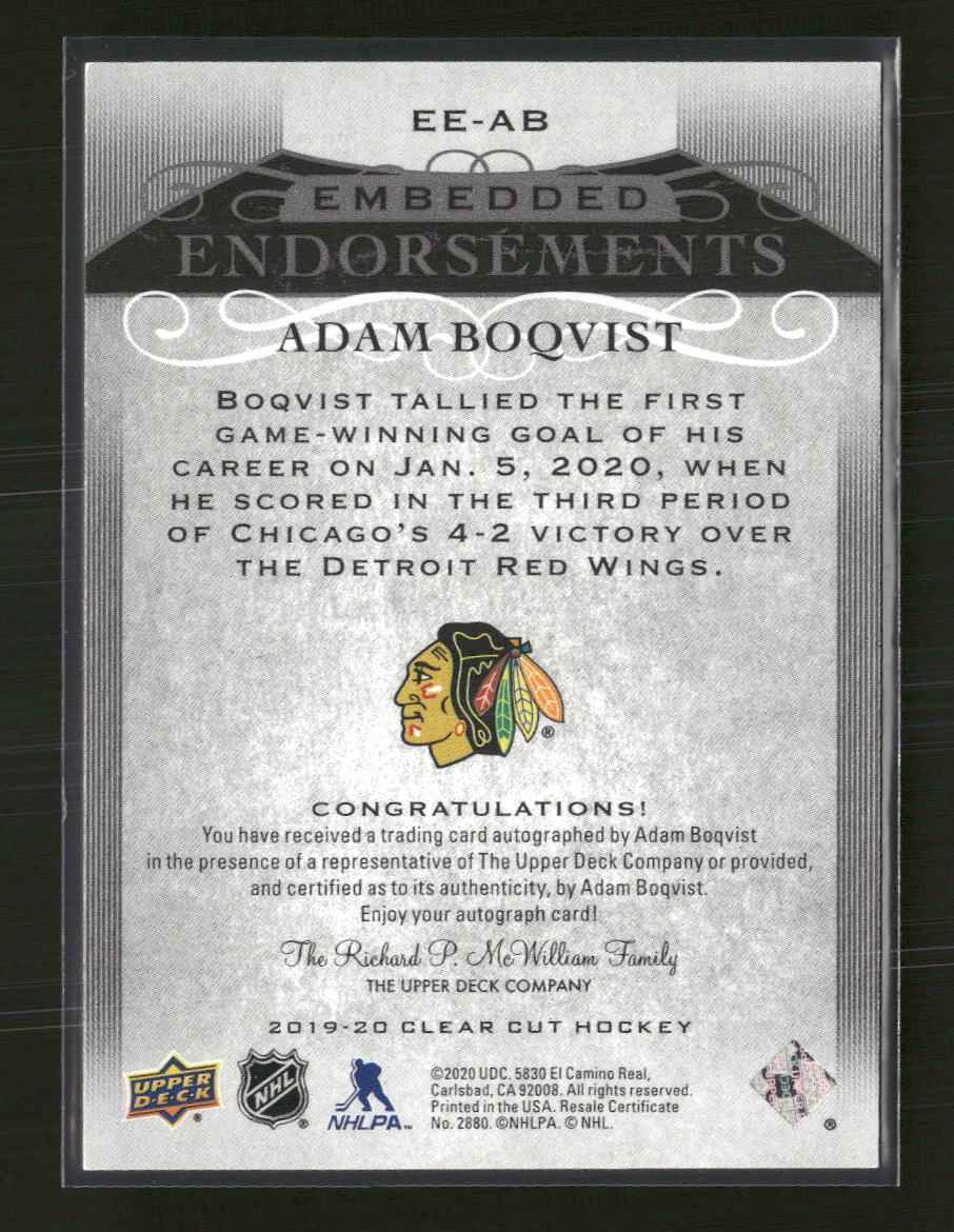 2019-20 Upper Deck Clear Cut Embedded Endorsements Adam Boqvist #/99 Auto #EE-AB