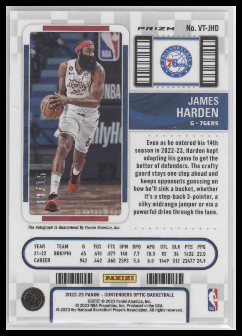 2022-23 Panini Contenders Veteran Ticket Orange James Harden #/15 Auto #VT-JHD