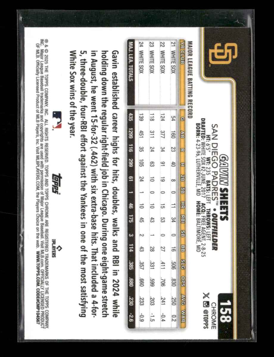 2025 Topps Chrome Lightboard Logo Base Variations Gavin Sheets #158