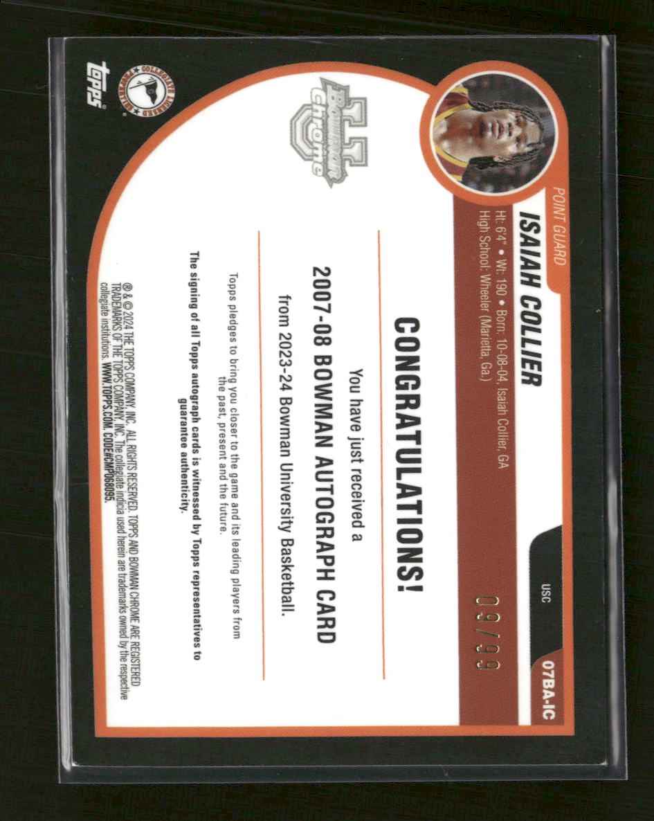 2023-24 Bowman University Chrome 2007-08 Auto Isaiah Collier #/99 #07BA-IC