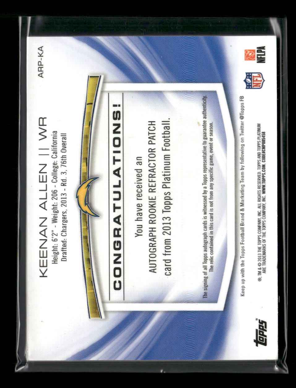 2013 Topps Platinum Rookie Patch/Auto Refractors Keenan Allen #/1000 #ARP-KA