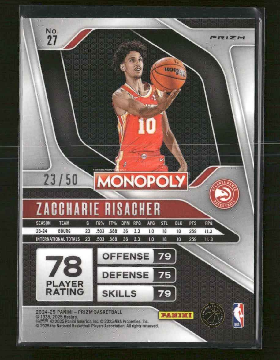 2024-25 Panini Monopoly Purple Millionaire Shimmer Zaccharie Risacher #/50 #27