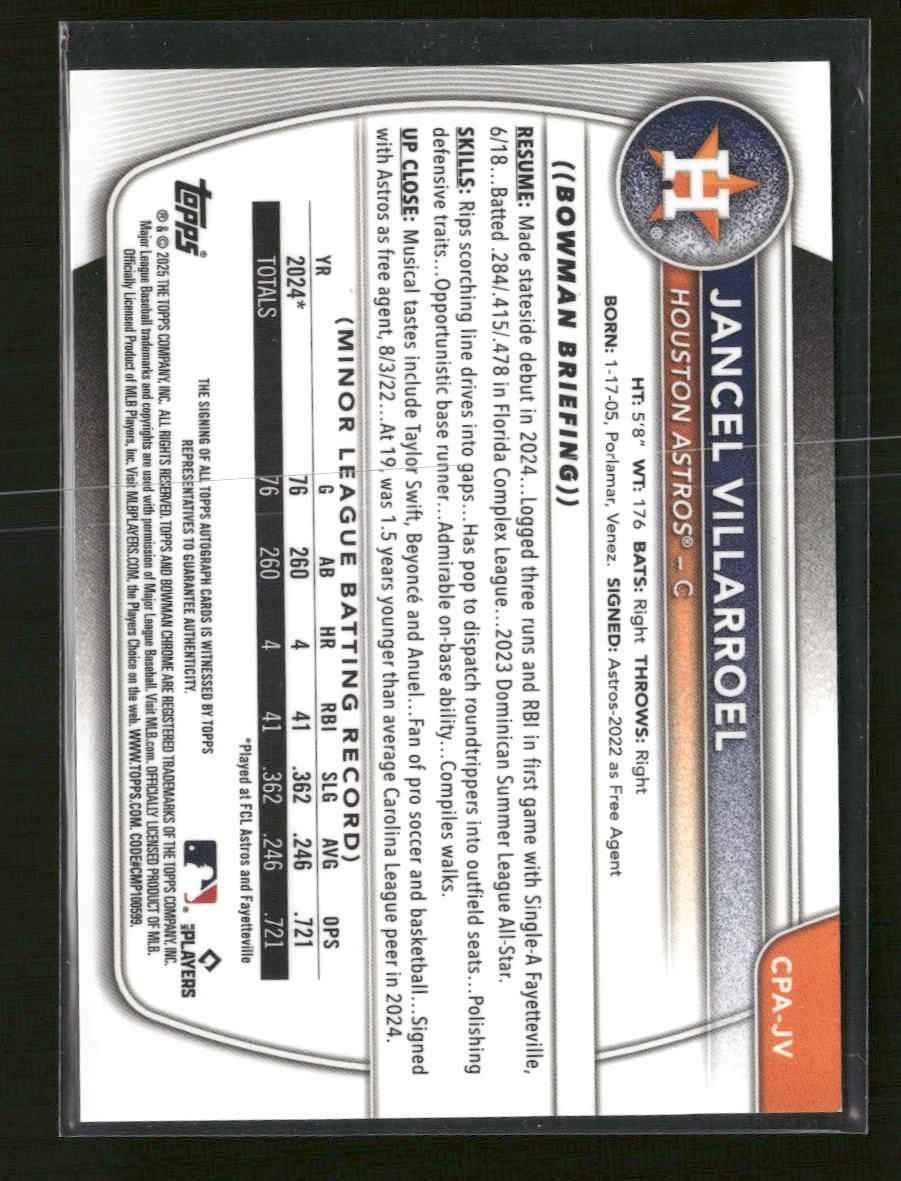 2025 Bowman Prospect Auto Yellow Refractor Jancel Villarroel #/75 #CPA-JV