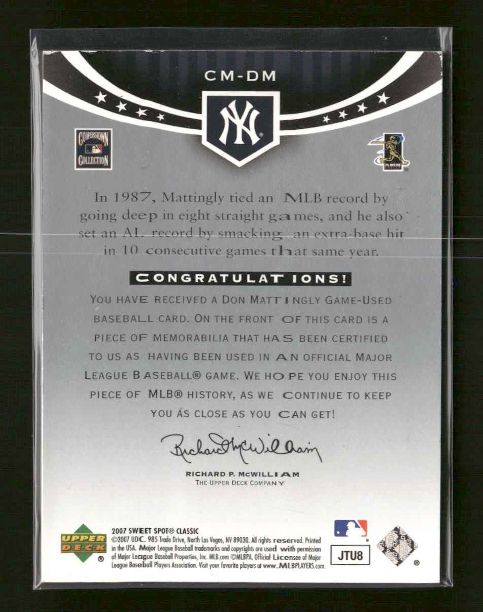 2007 Upper Deck Sweet Spot Classic Classic Memorabilia Don Mattingly #CM-DM