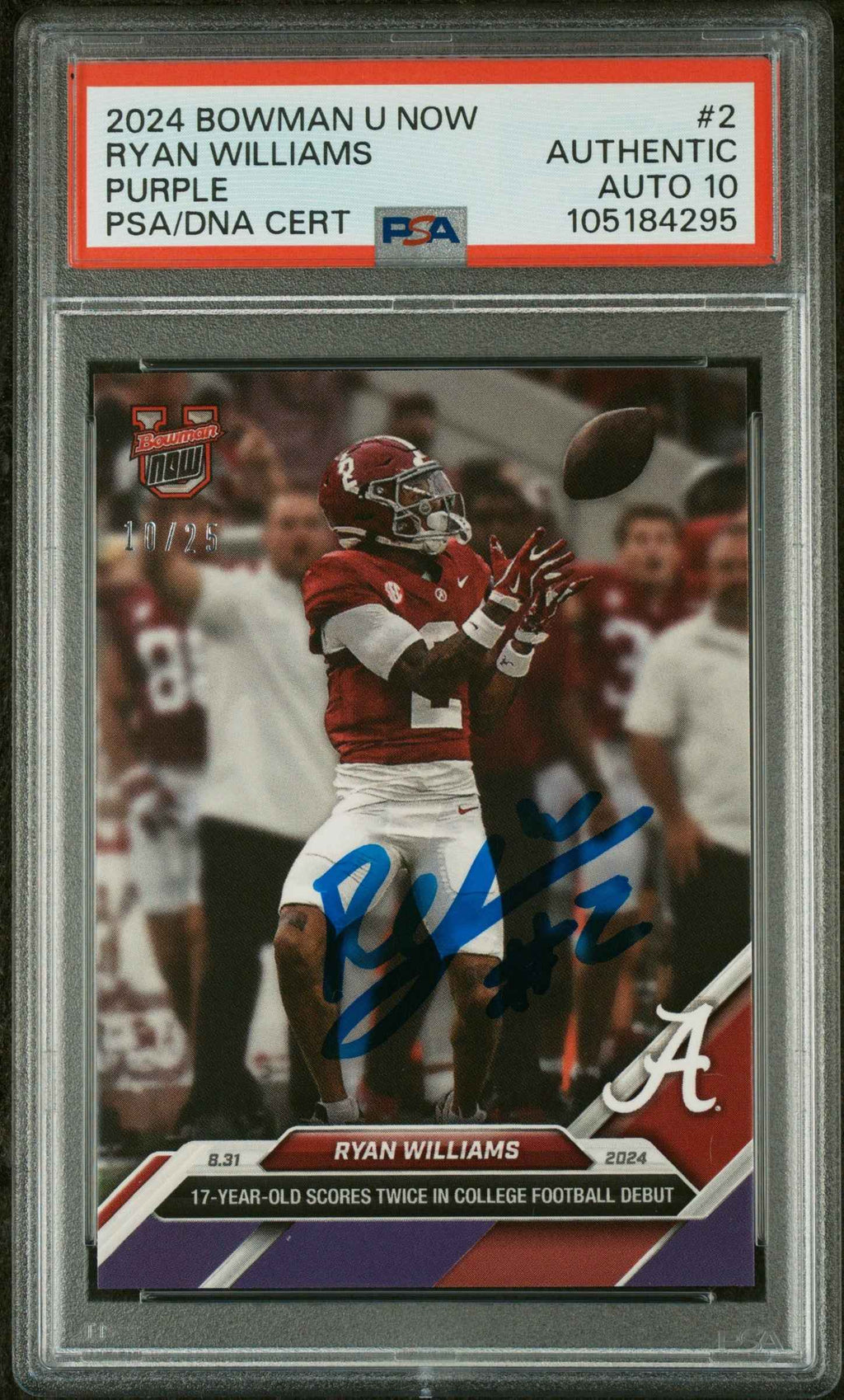 Graded 2024 Topps Bowman U Now Ryan Williams #2 Purple /25 Rookie RC Football Card PSA 10 Auto Grade Gem Mint