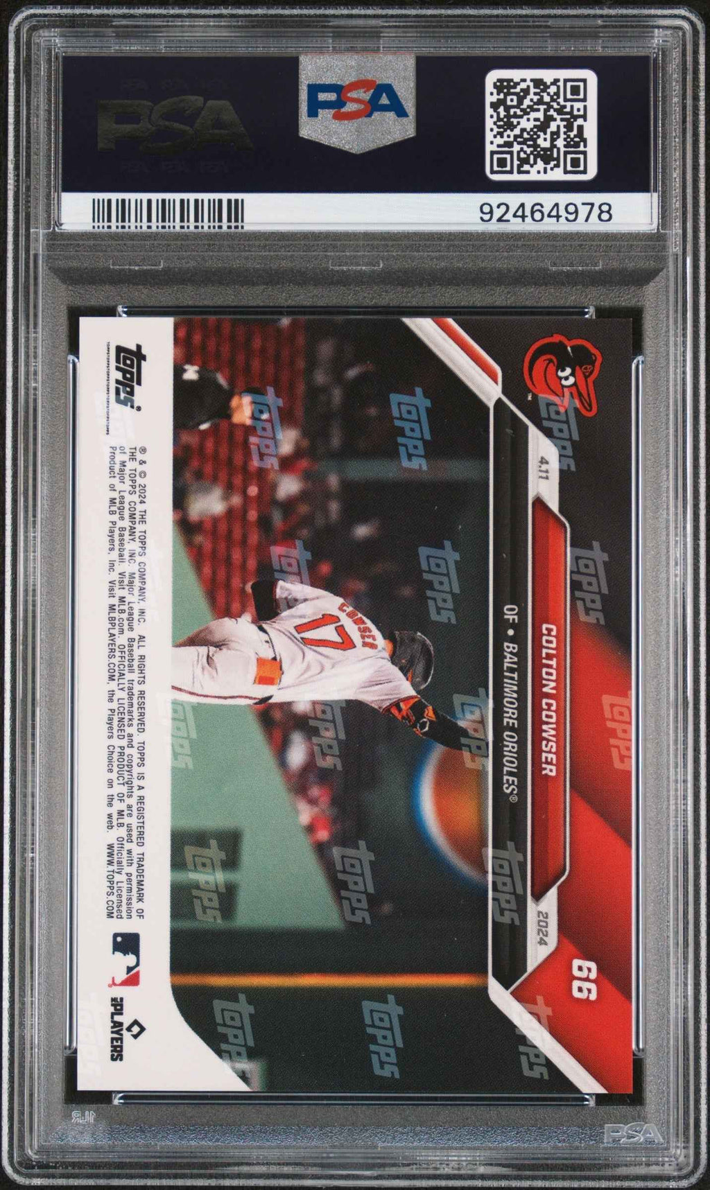Graded 2024 Topps Now Colton Cowser #66 Rookie RC Baseball Card PSA 10 Gem Mint