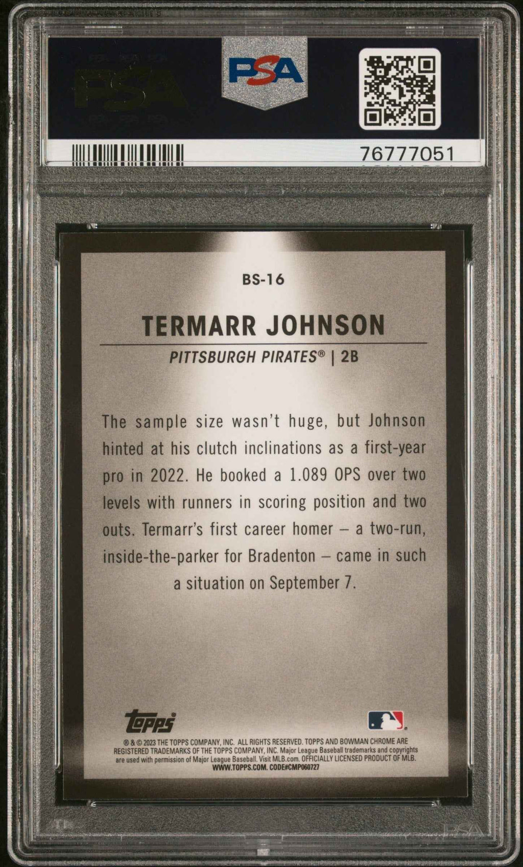 Graded 2023 Topps Bowman Termarr Johnson #BS16 Spotlights Rookie RC Baseball Card PSA 10 Gem Mint