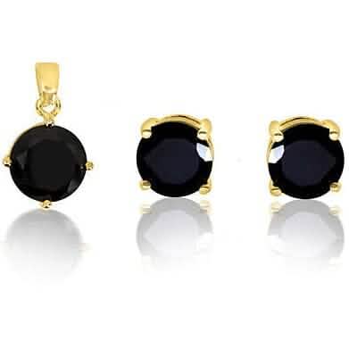 4ct Gold Filled High Polish Finish Genuine Black Round Set Charm and Earrings