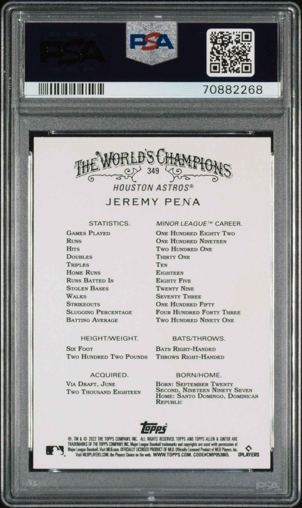 Graded 2022 Topps Allen & Ginter Jeremy Pena #349 Silver Portrait Rookie RC Baseball Card PSA 10 Gem Mint