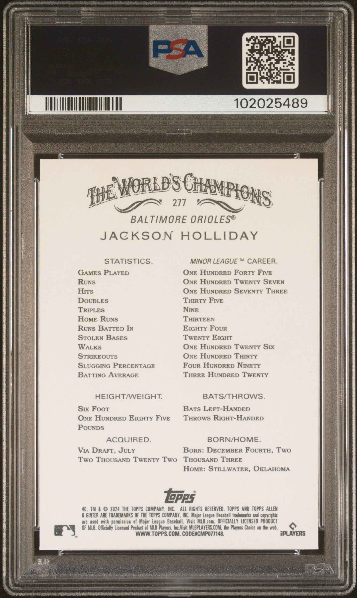 Graded 2024 Topps Allen & Ginter Jackson Holliday #277 Rookie RC Baseball Card PSA 10 Gem Mint