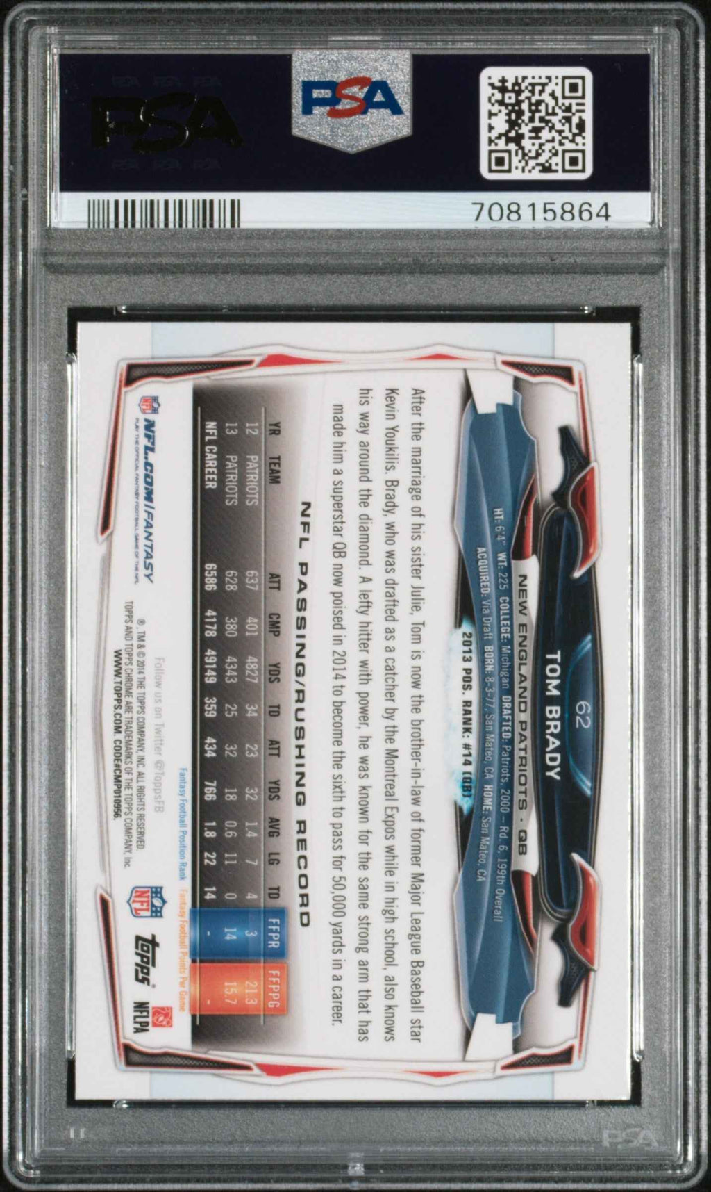 Graded 2014 Topps Chrome Tom Brady #62 Blue Jersey Football Card PSA 9 Mint