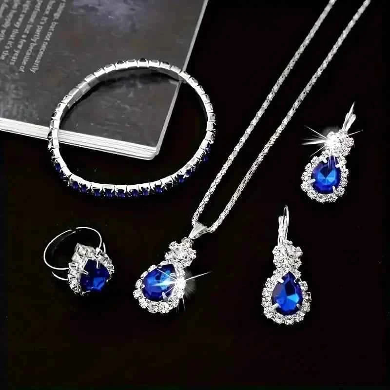 5-Piece Set: Stylish Jewelry Set for Women, Pair of Earrings, Necklace, Ring and Bracelet Adorned with Glass Accents