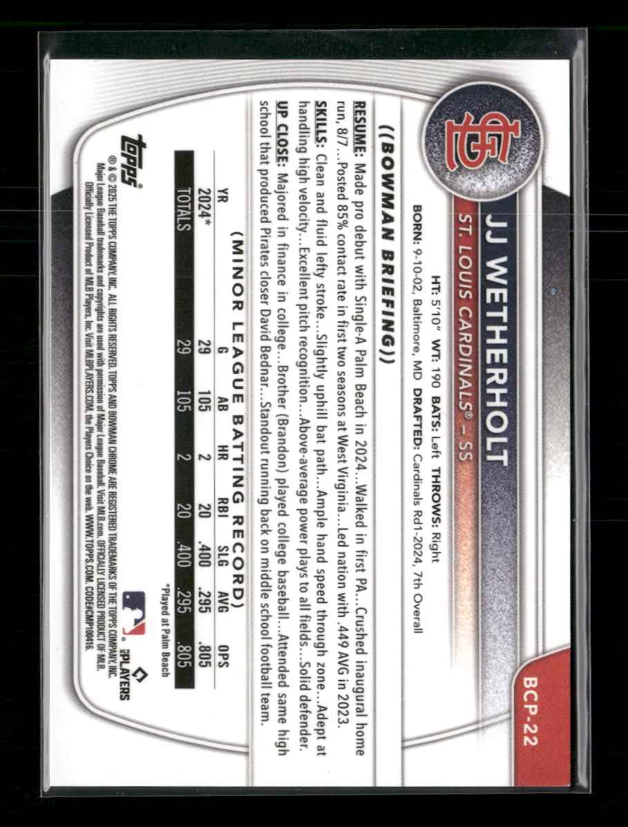 2025 Bowman Chrome Prospects Purple Raywave Refractor JJ Wetherholt #/250