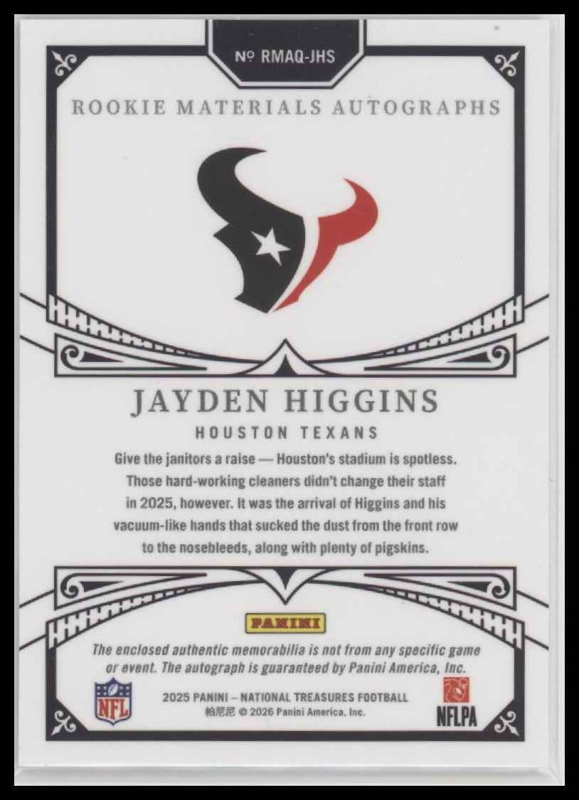2025 Panini N. T. Rookie Materials Auto Quad Holo Gold Jayden Higgins #RMAQ-JHS