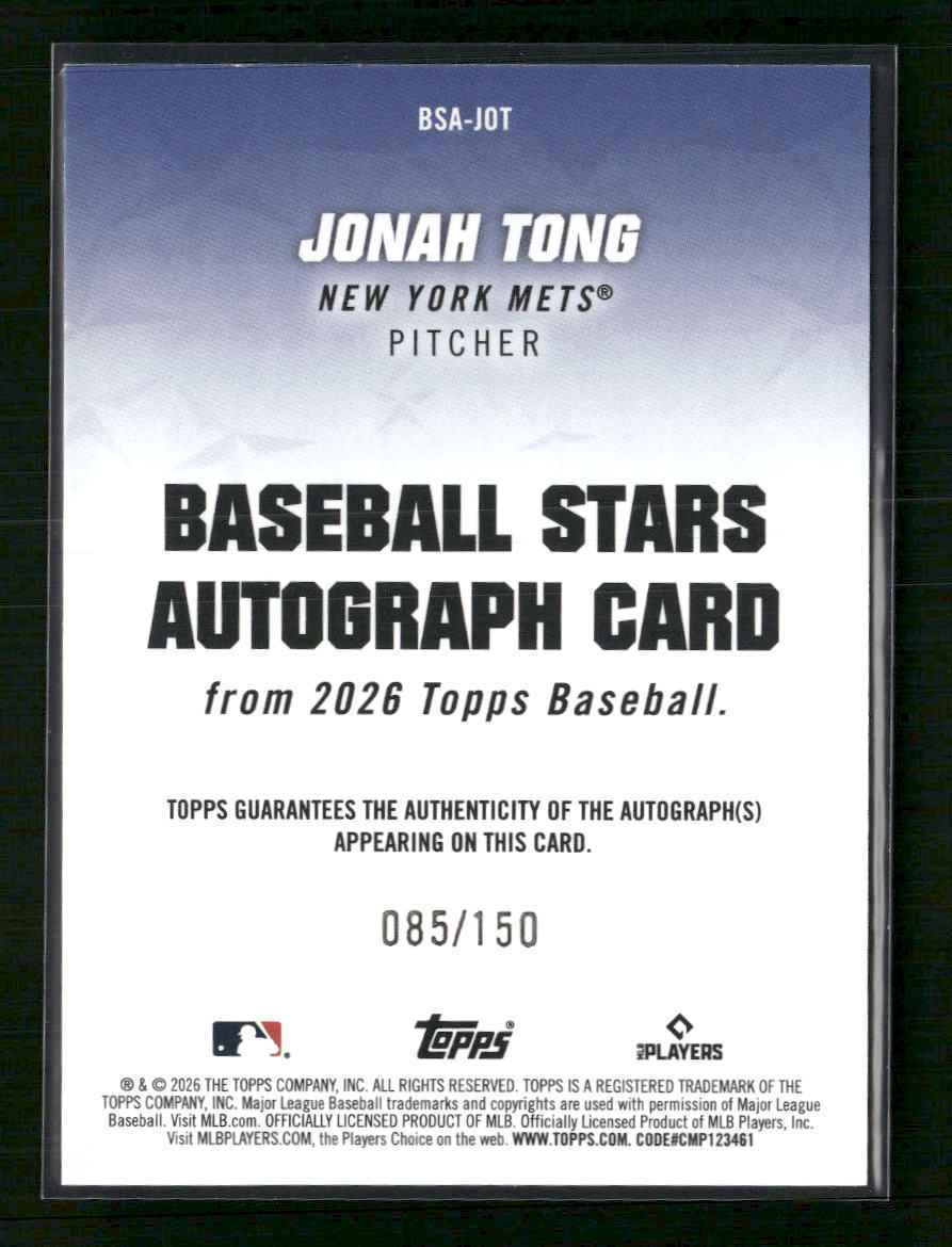 2026 Topps Baseball Stars Autographs Blue #/150 Jonah Tong Auto #BSA-JOT