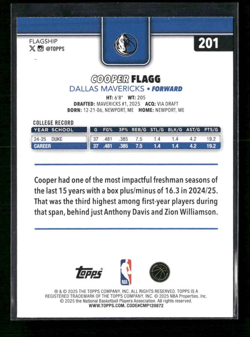 2025-26 Topps Cooper Flagg Rookie #201