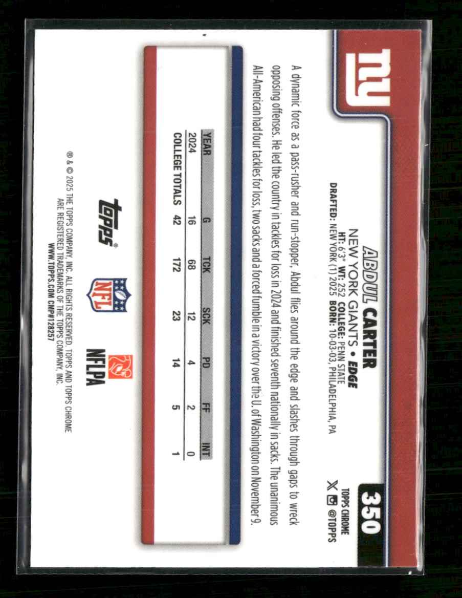 2025 Topps Chrome Football Leather Abdul Carter Rookie #350