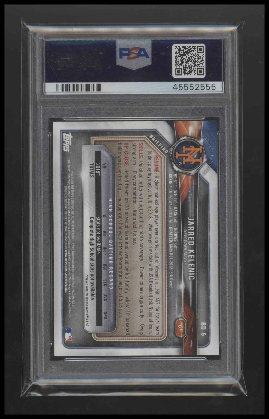 2018 Bowman Draft Sky Blue Jarred Kelenic 9 PSA #BD6