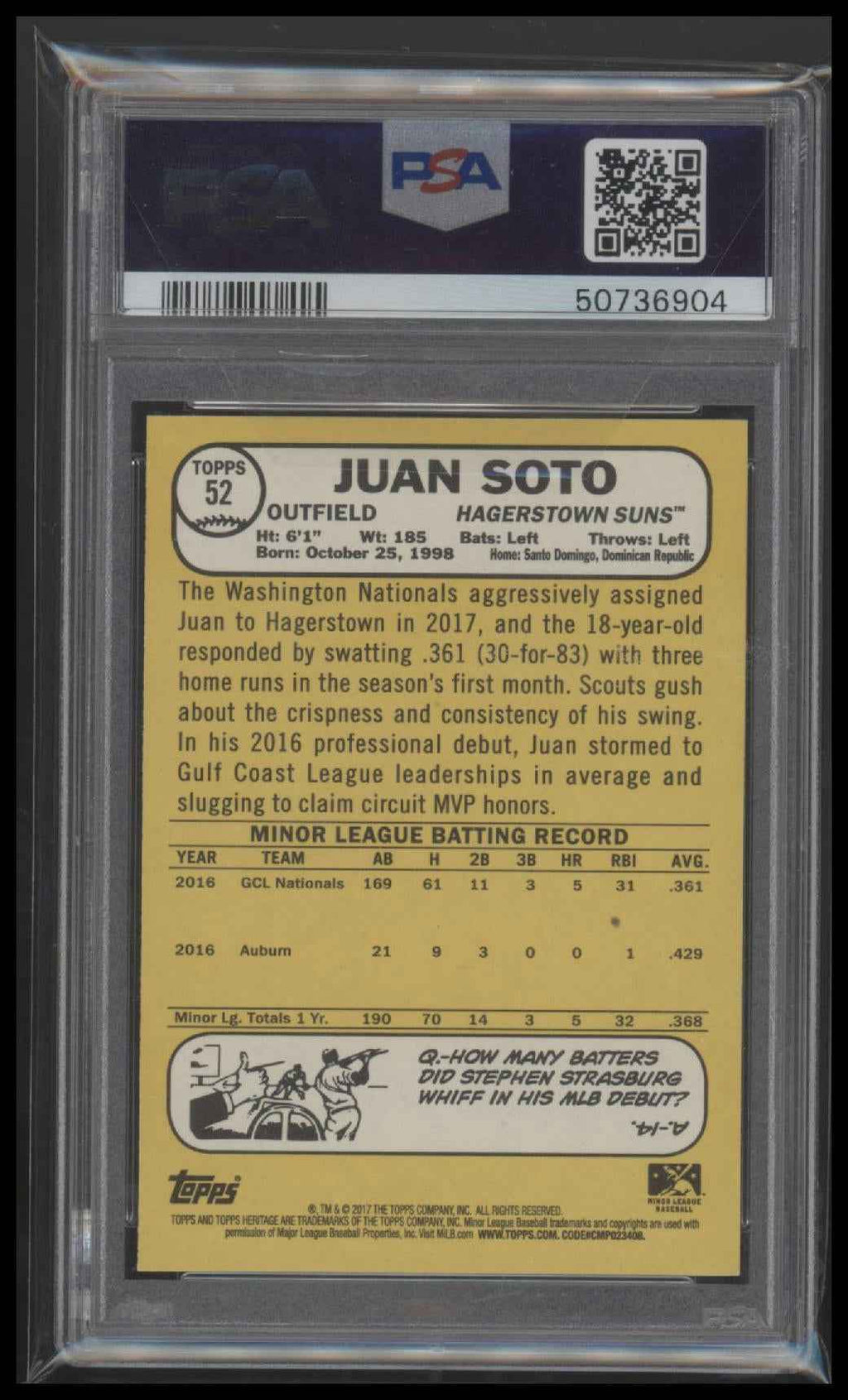 2017 Topps Heritage Minor League Minor League Juan Soto 9 PSA #52