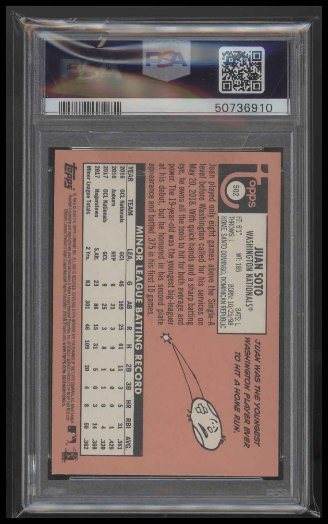 2018 Topps Heritage Juan Soto 9 PSA #502